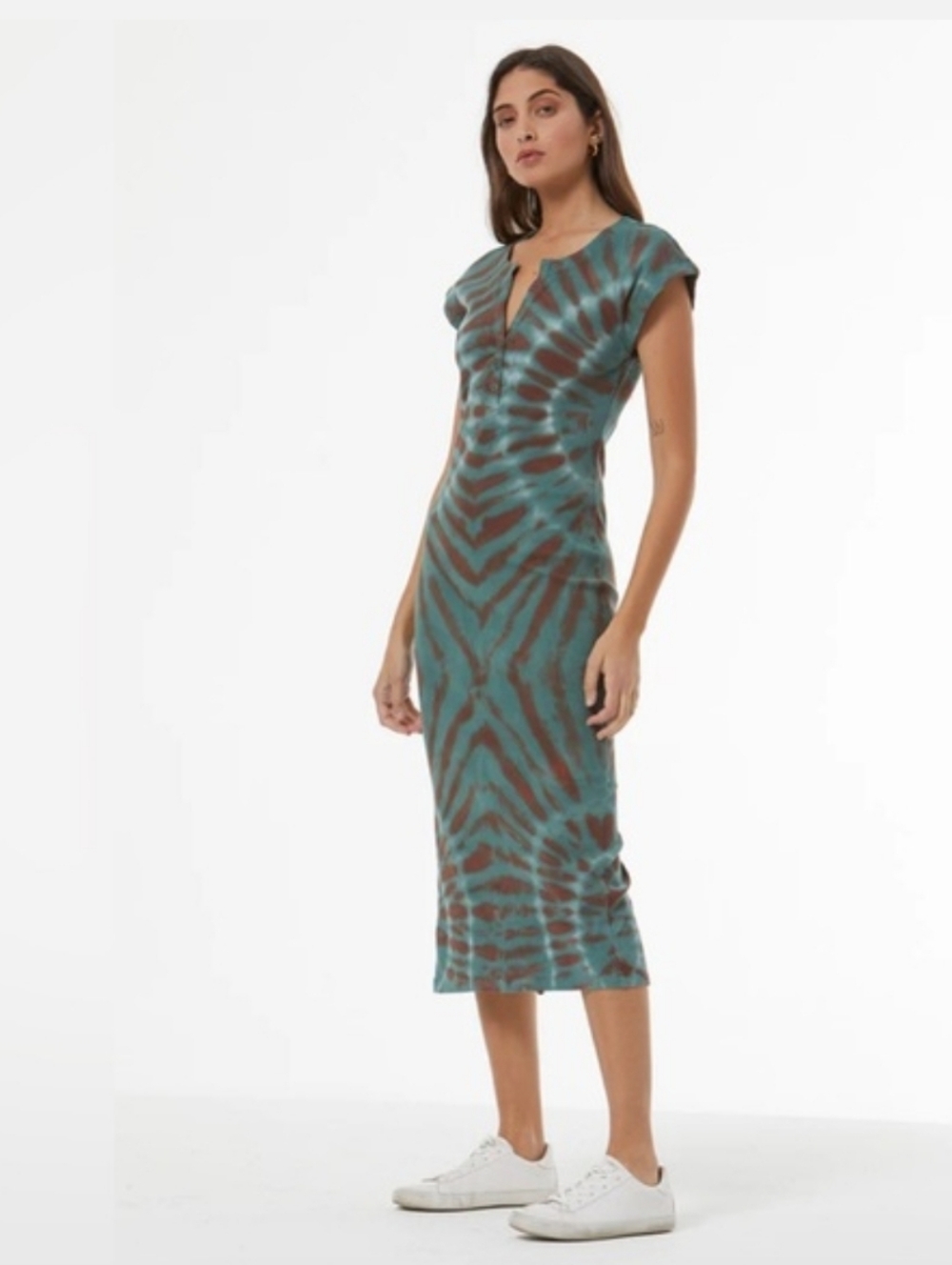 Young Fabulous & Broke Lyra Dress Coral & White Spin Tie Dye Ribbed Midi - Picture 6 of 6